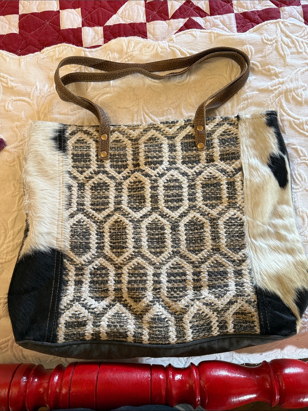 Myra Bag Black, White & Brown Cowhide Woven Tote